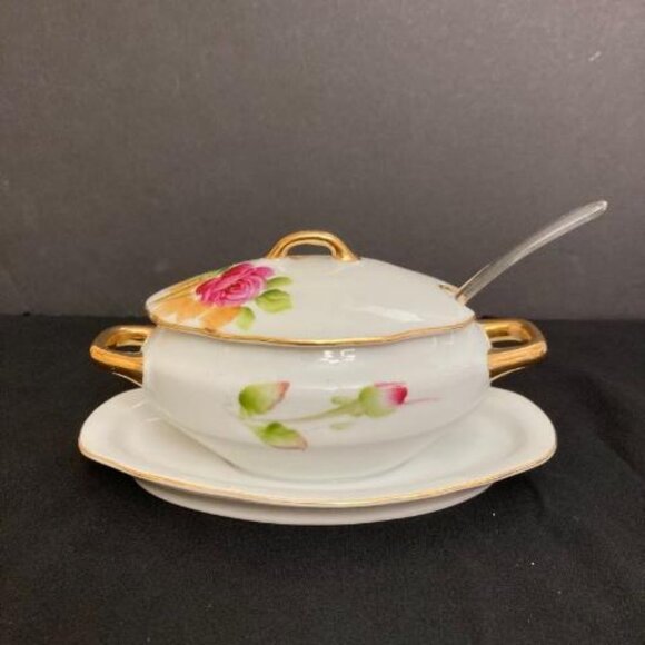 Vtg Lefton Mini Condiment Sugar Sauce Dish Lid Underplate & Spoon Hand Painted - Picture 1 of 12